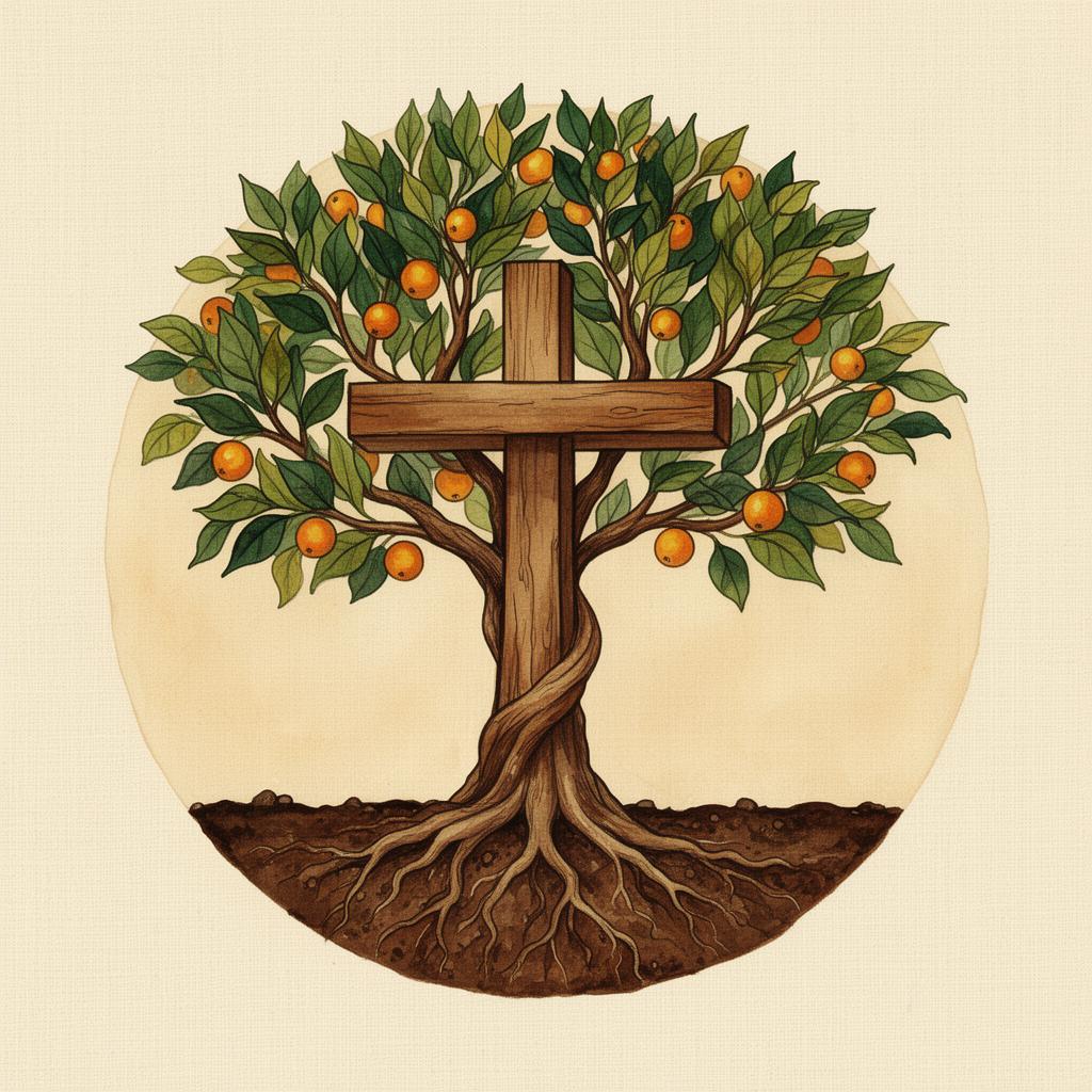 Illustrated cross entwined with a flourishing fruit tree with deep roots